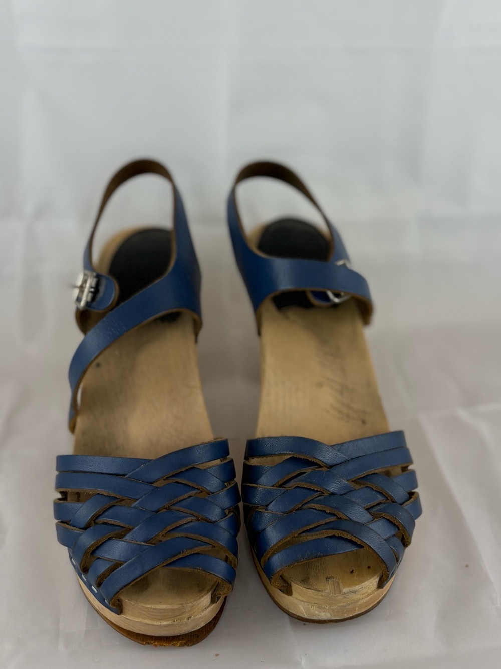 Swedish Hasbeens Woven Leather Clog Sandals — Navy Blue, Size 37 (US 6.5-7)